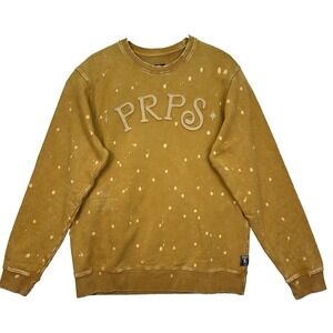 PRPS Mens Bleach Splatter Chenille Logo Sweatshirt Mustard Yellow Large Cotton